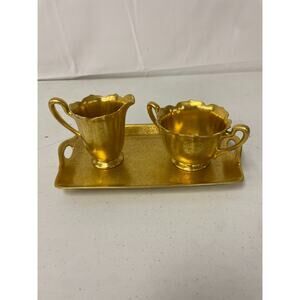 Vintage Pickard Daisy Rose Creamer Open Sugar Bowl Set Gold Encrusted w/ Tray